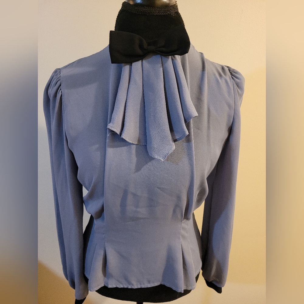 Grayish Blue Bib Collar With Bow Vintage Blouse